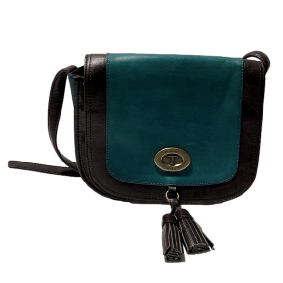 Tignanello Vintage Status Saddle Flap Teal & Brown Leather Crossbody Bag - Picture 1 of 7